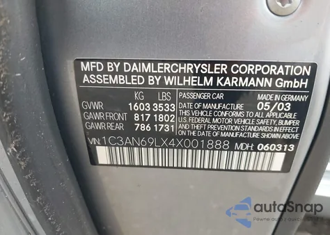 2004 Chrysler Crossfire z USA, uszkodzony, nr VIN 1C3AN69LX4X001888